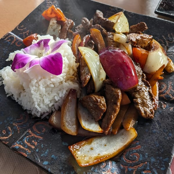 Steaming Peruvian Lomo Saltado with beef, onions, peppers, and rice, garnished with a purple orchid.